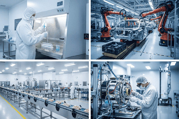 Typische PEEK-Platten Anwendungen Eine Auswahl an Anwendungen für PEEK-Platten. Darunter unter anderem die Lebensmitteltechnik, Automobilindustrie, Fördertechnik und Maschinenbau.