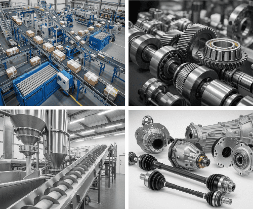 Typische Anwendungsbereiche für Polyamidplatten Eine Zusammenstellung typischer Anwendungsbereiche von Polyamidplatten. Darunter Förderbänder, Maschinenbau, Lebensmittelindustrie und Automobiltechnik.