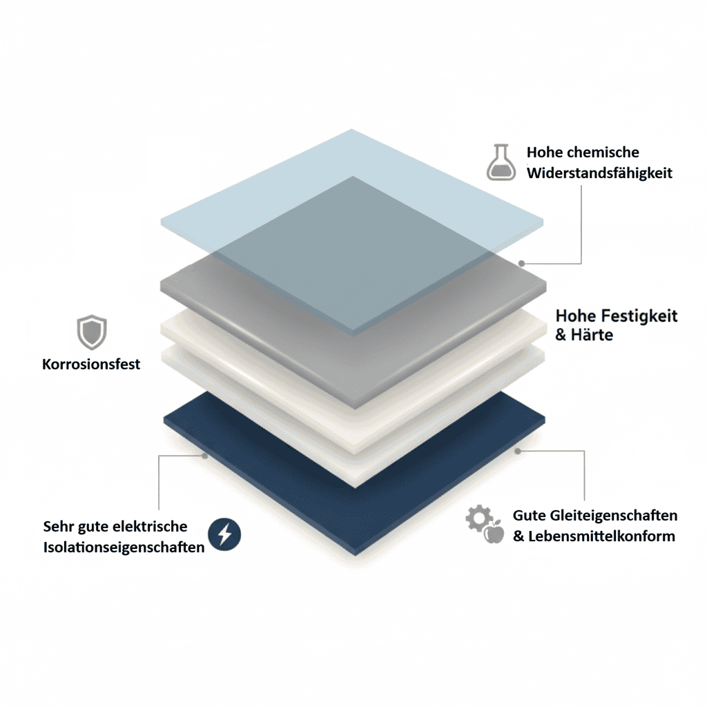 Ein Bild von einem Stapel Polypropylenplatten mit dem Hinweis auf verschiedene Materialeigenschaften wie einer hohen Härte und Festigkeit.