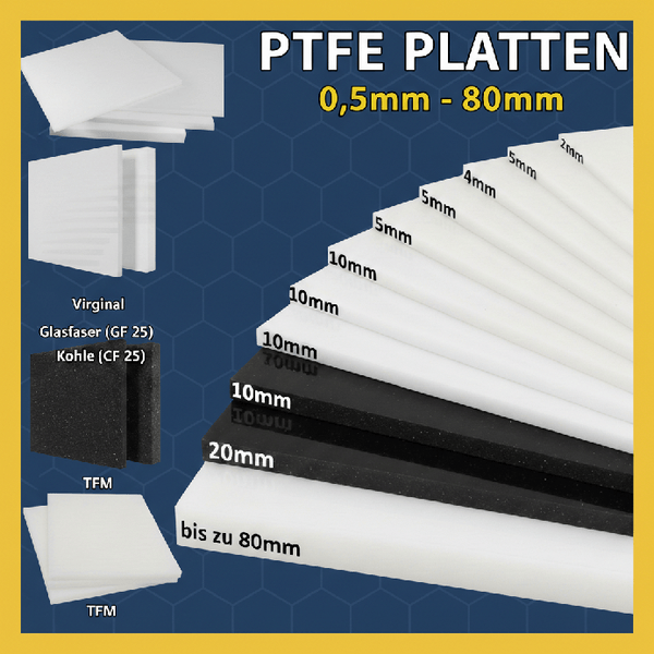PTFE Platten Sortiment Ein Überblick über das Sortiment von PTFE Platten. Darunter verschiedene Stärken, Formate und Farben.